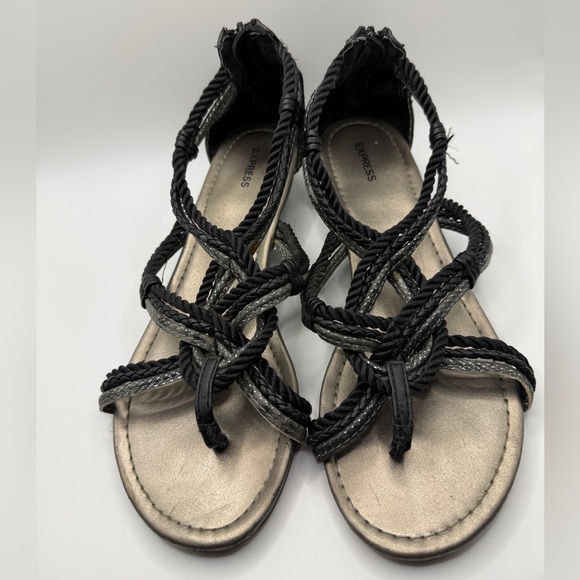 Express Black & Silver Braided Rope Wedge Sandals - Picture 3 of 7